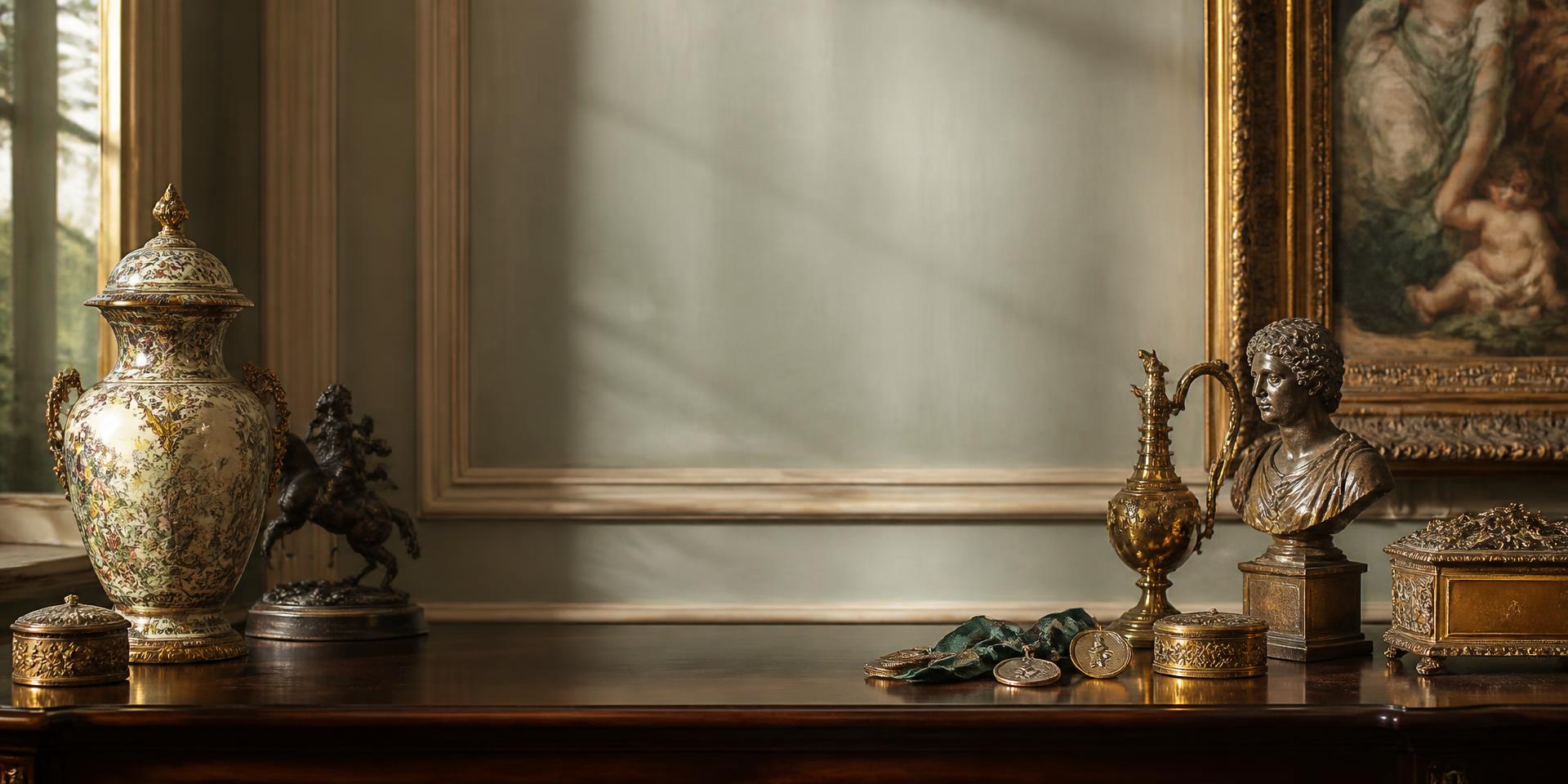 Régi porcelán, bronzszobrok, festmény és érmek egy elegáns enteriőrben