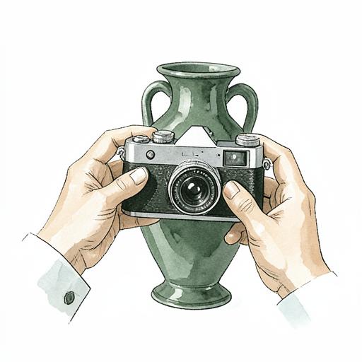 Akvarell illusztráció: kezekben fényképezőgép egy porcelán váza előtt